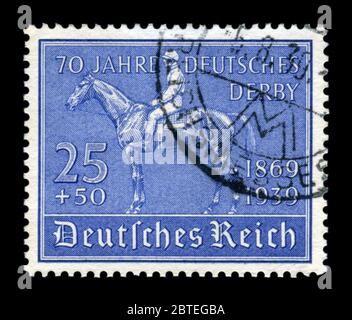 Deutsche historische Briefmarke: 70. Jahrestag des Deutschen Derbys, 1869-1939, Deutschland, das Dritte Reich, 2. weltkrieg, Sonderpoststempel Stockfoto