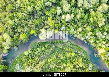 Fliegen Sie bei Sonnenuntergang durch den majestätischen Fluss und den üppigen grünen Wald. Landschaftsfotografie Stockfoto