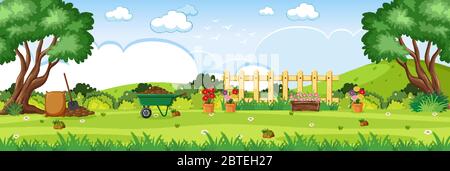 Hintergrund-Szene mit Gartengeräten in der Park-Illustration Stock Vektor