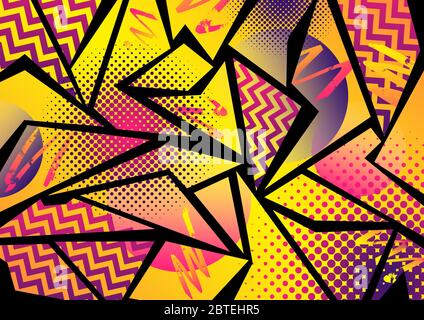 Ein 80er/90er Jahre 80er/90er Jahre Stil lebendige orange, rosa und lila Pop Art Effektdesign mit Zick-Zack, Halbton und Farbverlauf Elemente Stockfoto