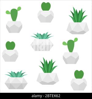 Nahtlose Sukkulenten Muster. Vektor weißer Hintergrund mit Heimpflanzen in geometrischen Betontöpfen. Für Tapetengestaltung Stock Vektor