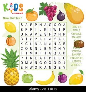 Einfache Wortsuche Kreuzworträtsel 'Name that fruit', für Kinder in der Grund- und Mittelschule. Spaß Art, Sprachverstehen und Expa zu üben Stock Vektor