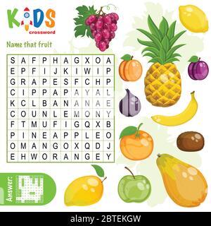 Einfache Wortsuche Kreuzworträtsel 'Name that fruit', für Kinder in der Grund- und Mittelschule. Spaß Art, Sprachverstehen und Expa zu üben Stock Vektor