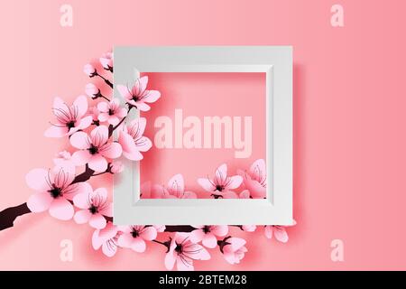 Illustration von Papier Kunst und Handwerk weißen Rahmen Frühjahr Saison Kirschblüte Konzept, Frühling mit Sakura Zweig, Floral Kirschblüte mit rosa fl Stock Vektor