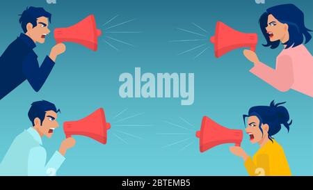 Vektor eines Streits zwischen jungen Frauen und Männern, die sich in Megaphonen anschreien Stock Vektor