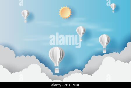 3D Illustration der Wolkenlandschaft Ansicht Landschaft mit heißer Luft weiße Ballons schweben in den blauen Himmel Sonnenlicht auf Papier Kunst. Landschaft Ansicht Szene für vacati Stock Vektor