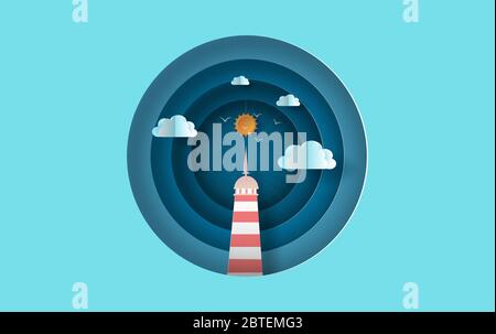 3D-Illustration von Insel mit Leuchtturm auf Meerblick Sonnenlicht blauen Himmel Kreis Konzept, heiße Sommerzeit Saison Grafik-Design einfachen Kreis Seaside lan Stock Vektor