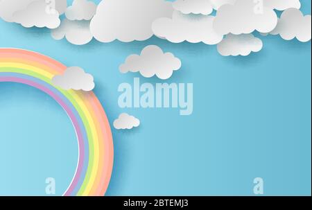 3D-Illustration Sommer Saison Landschaft mit einem Regenbogen auf blauem Himmel Hintergrund. Wolkenlandschaft auf saubere und minimale Papierkunst.Kreatives Design Papier geschnitten und Stock Vektor
