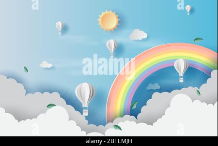 3D Illustration der Wolkenlandschaft Landschaft mit Heißluftballons schweben in den blauen Himmel auf Papier Kunst. Landschaft Ansicht Szene für Urlaub im Urlaub. Stock Vektor