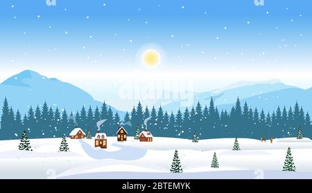 Vektor einer Winter Landschaft mit Kiefern und Häusern und Bergen im Hintergrund Stock Vektor