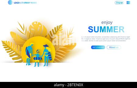 Illustration der besten Familie Reise Website Vorlage, Webseite und Landing Page Design .Smartphone Website Entwicklung. Familie mit Kindern Urlaub. Sommer V Stock Vektor