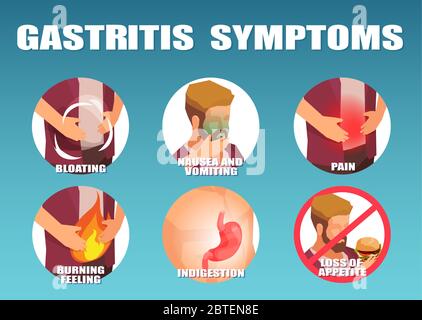 Vektor-Infografik eines Mannes mit Gastritis Symptome, Erbrechen, Übelkeit Bauchschmerzen, brennendes Gefühl und Appetitlosigkeit Stock Vektor