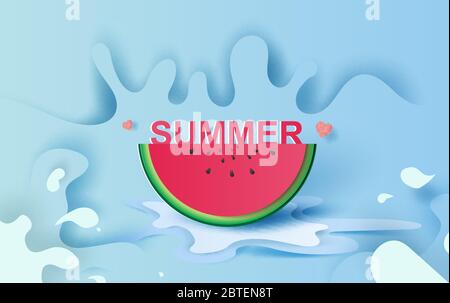 Sommer Saison Konzept Slice von Wassermelone auf blauem Wasser spritzen. Hallo Hallo Hallo Sommer-Schriftzug .saftige reife Frucht die Pastellfarbe. Kreatives Design Papier Stock Vektor