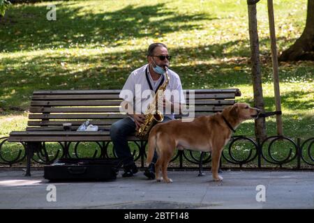 Madrid, Spanien. Mai 2020. Ein Straßenmusiker, der auf der Straße Saxophon spielt, während Madrid den sogenannten Phase-One-Übergang der Coronavirus-Sperre durchläuft, der es vielen Geschäften ermöglicht, sich wieder zu öffnen, sowie Restaurants, die Kunden im Freien bedienen. Quelle: Marcos del Mazo/Alamy Live News Stockfoto