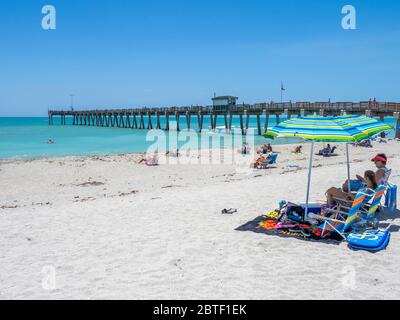 Fishing Pier und Brohard Park Beach am Golf von Mexiko in Venedig Florida in den Vereinigten Staaten Stockfoto