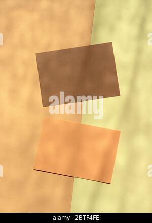 Leere Visitenkarten Mockup mit floralen Schatten Overlays Draufsicht flach legen. Zwei leere Papierkarten. Minimale Zusammensetzung. Stockfoto