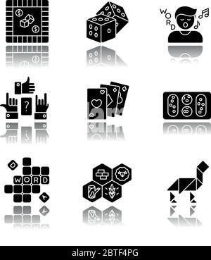 Unterhaltsame Spiele Drop Schatten schwarz Glyph Symbole gesetzt Stock Vektor