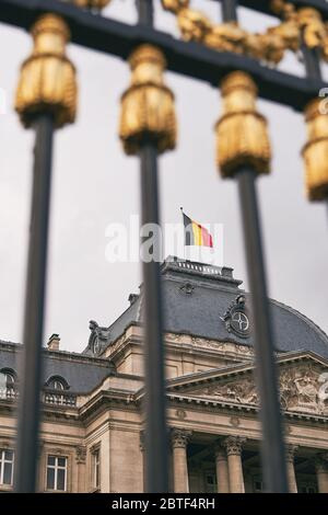 Der Königspalast in Brüssel, Belgien. Blick durch den Metallzaun mit goldenen Details. Nationalflagge des Königreichs Belgien winkt auf der Spitze. Stockfoto