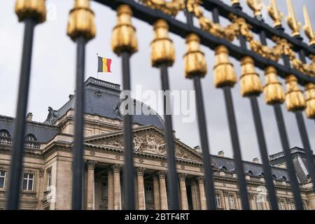 Der Königspalast in Brüssel, Belgien. Blick durch den Metallzaun mit goldenen Details. Nationalflagge des Königreichs Belgien winkt auf der Spitze. Stockfoto