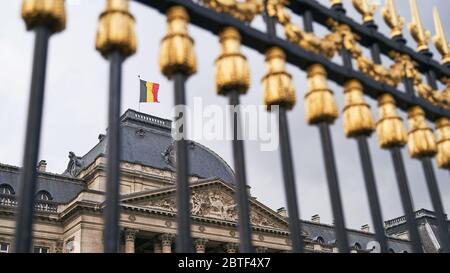 Der Königspalast in Brüssel, Belgien. Blick durch den Metallzaun mit goldenen Details. Nationalflagge des Königreichs Belgien winkt auf der Spitze. Stockfoto