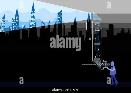 Anti-Crisis Manager, Teamleiter auf der Suche nach Wegen aus der Krise, Konzept, Charakter blickt in die mögliche Zukunft, Cartoon-Grafik. Stock Vektor