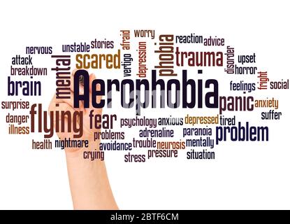 Aerophobie Angst vor fliegenden Wort Wolke und Hand mit Marker Konzept auf weißem Hintergrund. Stockfoto