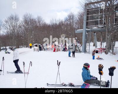 GREVENA, GRIECHENLAND - 24. MÄRZ 2018: Skigebiet Vasilitsa mit Schnee und Menschen auf der Piste bei bewölktem Wetter Stockfoto