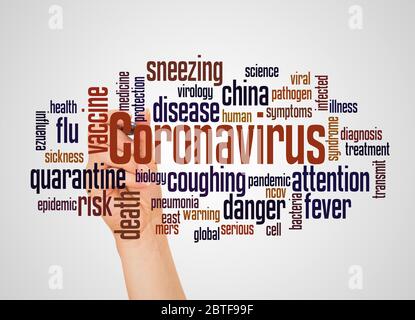 Coronavirus Wort Wolke und Hand mit Marker Konzept auf weißem Hintergrund. Stockfoto