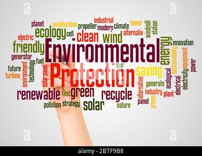 Umweltschutz Wort Wolke und Hand mit Marker-Konzept auf weißem Hintergrund. Stockfoto