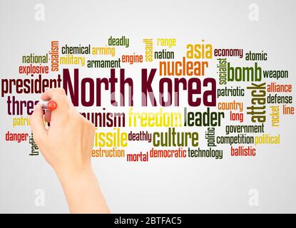 Nordkorea Wort Wolke Hand schriftlich Konzept auf weißem Hintergrund. Stockfoto