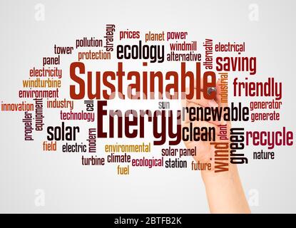 Nachhaltige Energie Wort Wolke und Hand mit Marker-Konzept auf weißem Hintergrund. Stockfoto