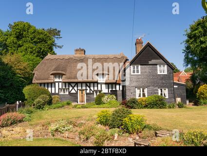 Landhaus mit Strohdach und Cottage Garten in Malting Lane, Much Hadham, Hertfordshire. England, Großbritannien Stockfoto