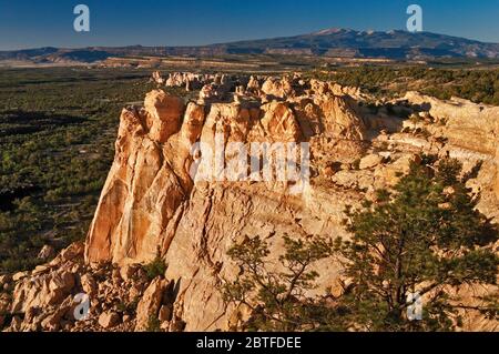 Sandstone Bluffs über Lavafeld, Sonnenuntergang, El Malpais National Monument, New Mexico, USA Stockfoto