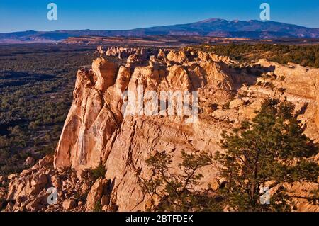 Sandstone Bluffs über Lavafeld, Sonnenuntergang, El Malpais National Monument, New Mexico, USA Stockfoto