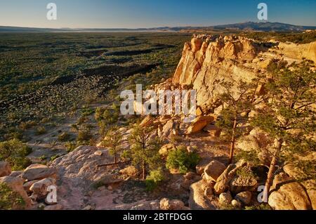 Sandstone Bluffs über Lavafeld, Sonnenuntergang, El Malpais National Monument, New Mexico, USA Stockfoto