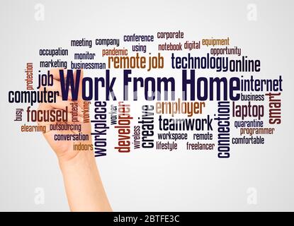 Arbeiten von zu Hause Wort Wolke und Hand mit Marker-Konzept auf weißem Hintergrund. Stockfoto