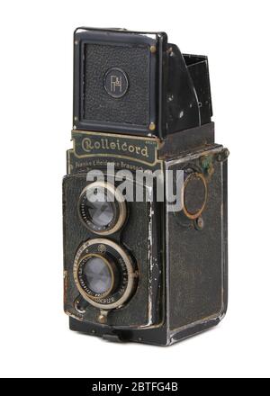 Eine klassische Rolleicord-Spiegelreflexkamera mit zwei Objektiven. Stockfoto