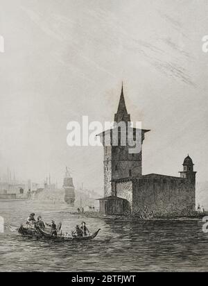 Osmanisches Reich. Türkei. Konstantinopel (heute Istanbul). Maiden-Turm oder Leander-Turm (kiz Kulesi). Sie wurde 1725 auf einer kleinen Insel am südlichen Eingang der Bosporus-Meerenge errichtet. Gravur von Lemaitre und Arnout. Historia de Turquia von Joseph Marie Jouannin (1783-1844) und Jules Van Gaver, 1840. Stockfoto