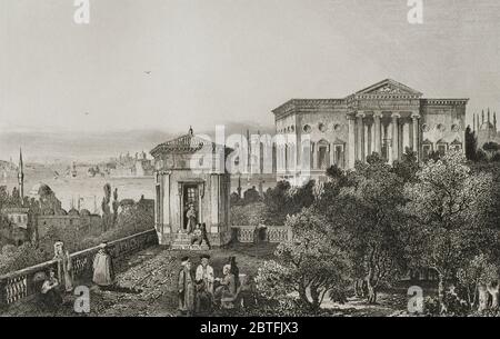 Osmanisches Reich. Türkei. Konstantinopel (heute Istanbul). Panorama von einer der Terrassen des französischen Palastes, in der Nähe des Palastes von Venedig. Gravur von Lemaitre und L. Thhenon. Historia de Turquia von Joseph Marie Jouannin (1783-1844) und Jules Van Gaver, 1840. Stockfoto