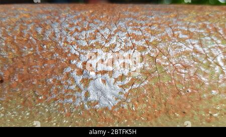 Alte Metall-lackierte Textur mit rissiger Oberfläche und Flecken von Silberfarbe auf braunem Hintergrund. Grunge-Hintergrund mit Kopierbereich Stockfoto