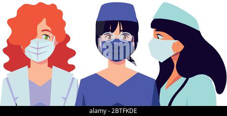 Frauen Ärzte mit Uniformen und Masken Design der medizinischen Versorgung Gesundheit und Notfall Thema Vektor-Illustration Stock Vektor