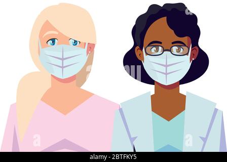 Frauen Ärzte mit Uniformen und Masken Design der medizinischen Versorgung Gesundheit und Notfall Thema Vektor-Illustration Stock Vektor