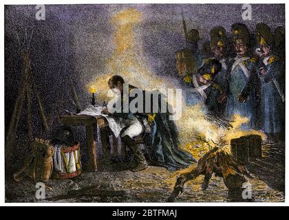 Napoleon im Lager in Bautzen, Sachsen, 10. Mai 1813. Handkolorierter Holzschnitt Stockfoto
