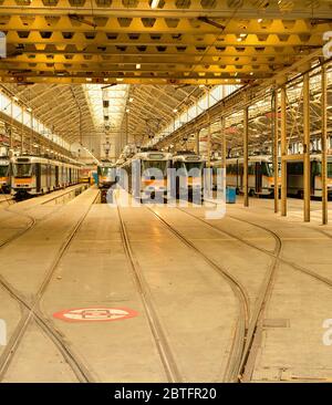 Straßenbahnen im Depot geparkt, die Infrastruktur des öffentlichen Verkehrs, Brüssel, Belgien Stockfoto