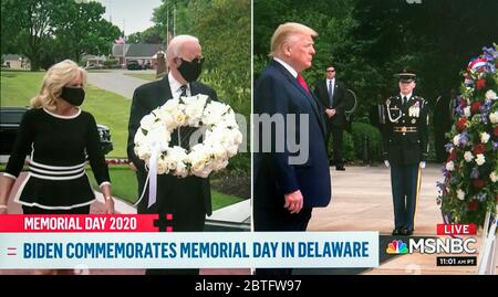 Newcastle, Delaware, USA. Mai 2020. Wie auf MSNBC zu sehen, ein Splitscreen-Grab des Memorial Day, wie von Präsident DONALD TRUMP auf dem Arlington National Cemetery und Dr. JILL BIDEN und JOE BIDEN im Delaware Memorial Bridge Veteran's Memorial Park gedacht. Heute ist das erste Mal seit Monaten, dass Herr Biden wegen der COVID-19-Sperre in seinem Heimatstaat Delaware außerhalb seines Hauses gesehen wurde. Kredit: Brian Cahn/ZUMA Wire/Alamy Live News Stockfoto