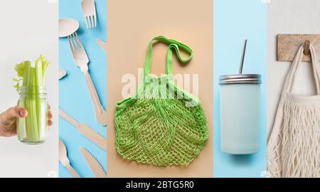 Collage aus Umwelt Öko Lifestyle, wiederverwendbare Flaschen, Holzbesteck, Baumwollmaschbeutel, Pflanzensellerie in Einmachglas. Konzept ohne Verschwendung. Stockfoto