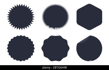 Satz von Vektor-Starburst-Abzeichen mit Sonneneinbruch. Schwarze Symbole auf weißem Hintergrund. Einfache, flache Vintage-Etiketten, Aufkleber. Stock Vektor