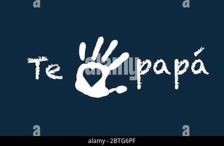 Kinderhanddruck Herz innen auf blauem Hintergrund Ich liebe dich Papa Nachricht in spanischer Sprache Vatertag Karte Stockfoto