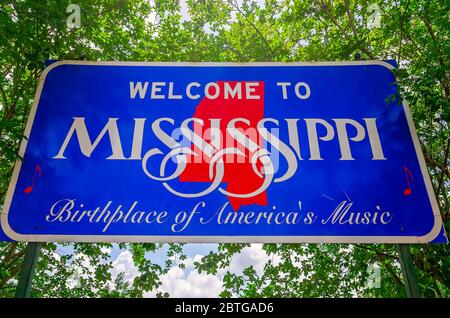Das Schild Welcome to Mississippi ist im Mississippi Welcome Center, 23. Mai 2020, in Moss Point, Mississippi, abgebildet. Stockfoto