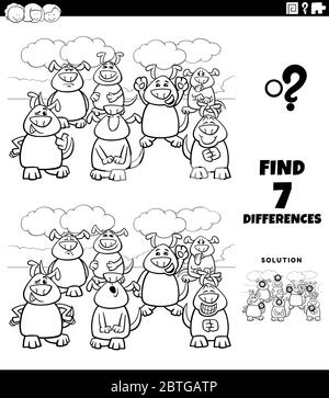 Schwarz-Weiß Cartoon Illustration der Suche nach Unterschieden zwischen Bildern Bildungsaufgabe für Kinder mit Comic-Hunde Gruppe Malbuch Seite Stock Vektor